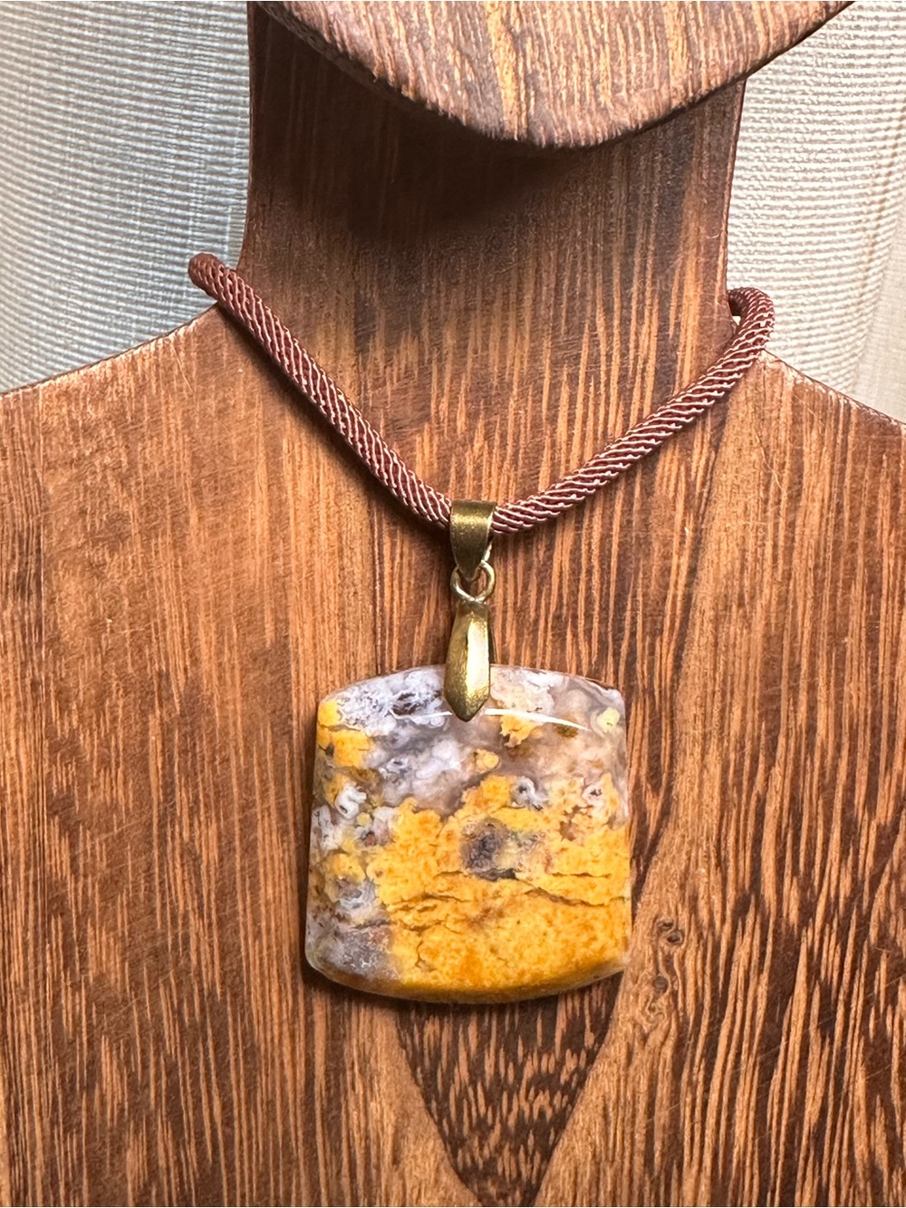Unique Square Yellow Jasper Pendant Necklace on Brown Rope - Picture 11 of 14